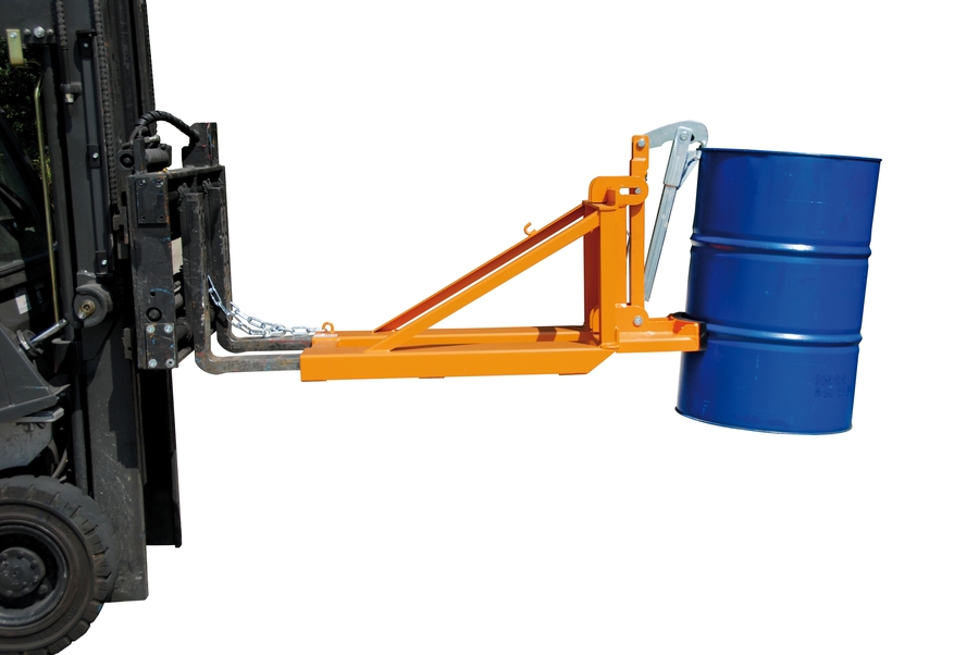 The drum handling device, attached to the forklift, facilitates the safe lifting and transportation of drums. The drum handling device, attached to the forklift, facilitates the safe lifting and transportation of drums.