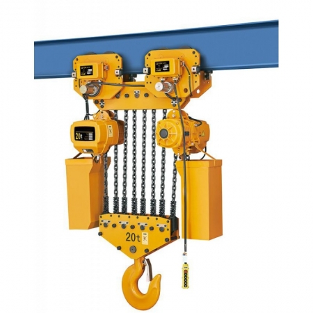 ELECTRIC CHAIN HOIST WITH TROLLEY HHBD 10T x 12M 380V, Travel speed, m / min: 10 Lifting speed, m / min: 2.8 Remote control: via 10.5 m cable Motor power, kW: 2 x 3.0 Beam, mm: 130-180 Load capacity, kg: 10000 Lifting height, mm: 12000 Voltage, V: 380 Wei