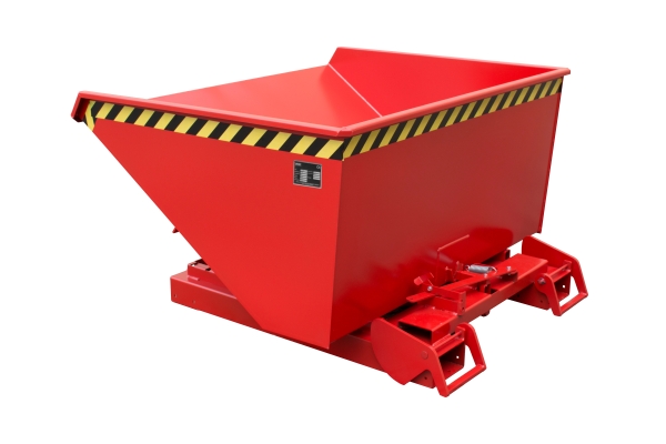 An automatic tipping container attachment mounted on a forklift truck. The container is equipped with an automated tipping mechanism that is operated by remote control or program control.