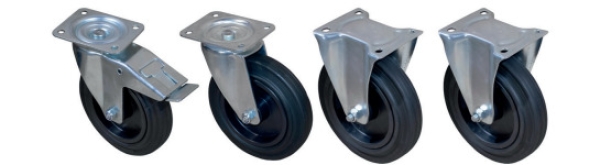 Vollgummi-Rollensatz zum Anbringen unter Stapler-Anbaugeräten wie Kippbehältern. Bietet robuste Mobilität, optimale Traktion sowie geräuscharme Bewegungen.