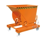 A forklift truck with a tipping container attachment. The container is attached to the end of the forks to hold and transport materials.